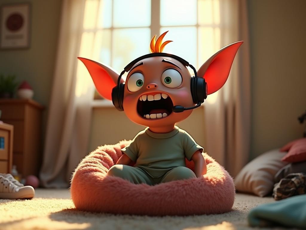 A hyperrealistic 3D cartoon humanoid creature with oversized eyes and huge ears. Sitting in a bean bag in a messy bedroom. Sunlight streaming through the curtains. Wearing a gamer headset and oversized t-shirt. Mouth open in competitive rage with exaggerated cartoon-style anger. A blend of Pixar and Tim Burton styles with cinematic lighting.