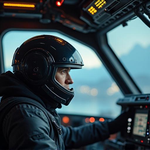 Captain in spaceship cockpit talking to team. Helmet obscures face. Modern cockpit equipment visible. Intense lighting creates dramatic atmosphere.