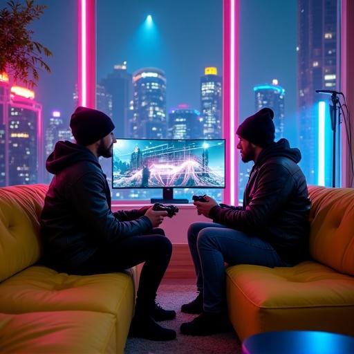 Men playing video games in a modern gaming room. They have muscular body types. Dressed in black leather clothing. Sitting on a neon yellow couch. Room features bright neon lights. Skyscrapers visible outside. High tech gadgets present. Cozy atmosphere with boombox speakers.
