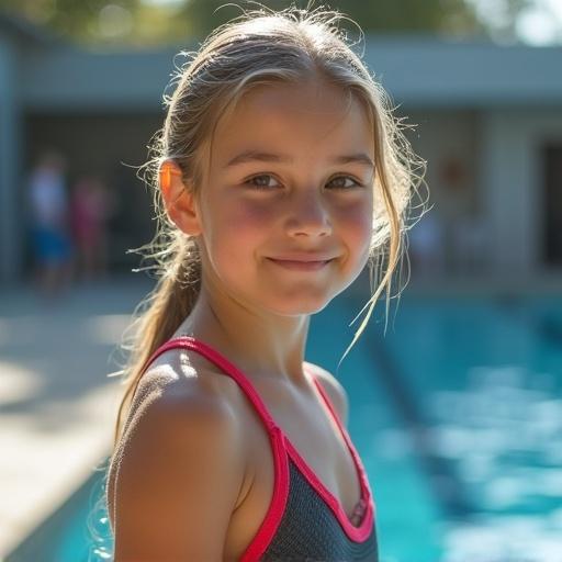 Portrait of a slim petite girl smiling by a swimming pool. She wears a swim team bathing suit. The image captures a joyful moment in a bright setting.