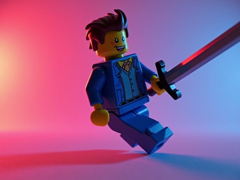 Roblox Lego man performs backflip. Holding a sword. Neon background colors emphasize motion. Character’s legs tucked, head down. Dynamic pose encapsulates action.