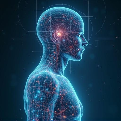 A digital representation of a holographic human figure with biometric features and digital elements. The design incorporates a coded pattern and reflects a futuristic medical theme.