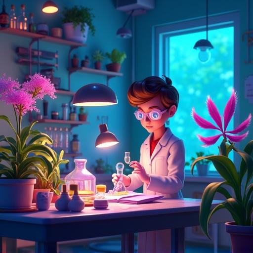 Create a biopunk cartoon 3D render of a scientist working in a lab surrounded by glowing plants and tech. Square Ratio.