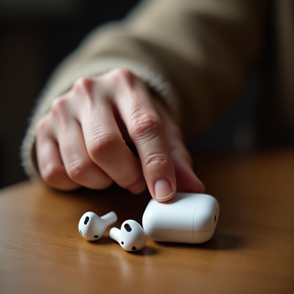 Close-up image of a hand reaching for an AirPod on a wooden table. The hand is aged and delicate, indicating technology use by an elderly person.