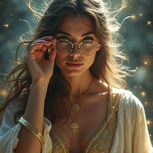 Majestic goddess portrait from waist up. She is removing glasses with one hand. Her bare eyes glow faintly. Arcane runes swirl around her body. Long hair and elegant robes are blown by a wind. Ethereal light surrounds her. Celestial symbols float in the air. Streams of magical energy flow from her eyes. Powerful and serene expression in a fantasy style.