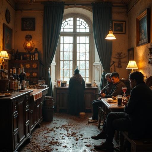 An interior of a medieval inn. The scene includes people sitting and drinking. The room shows signs of mess and dirt. Features warm lighting and rich details.