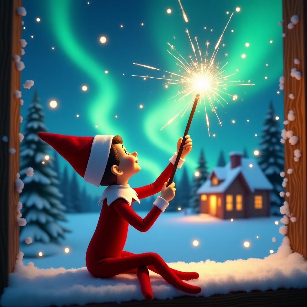 Elf on the shelf gazing skyward. Holds a glowing wand emitting sparkling light. Background with Christmas scene and northern lights. Cozy decorated house in the distance. Snow covers the ground. Playful pose showing magic and wonder of Christmas.