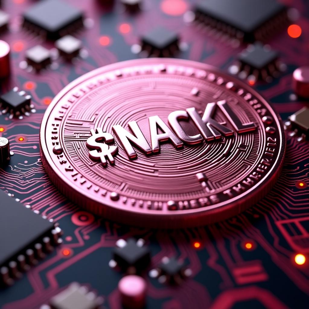 Digital shiny coin with inscription '$NACKL' on a pink colorful motherboard. The coin is surrounded by intricate circuitry details. The design is modern and tech-inspired. The atmosphere is vibrant and elegant with futuristic elements.