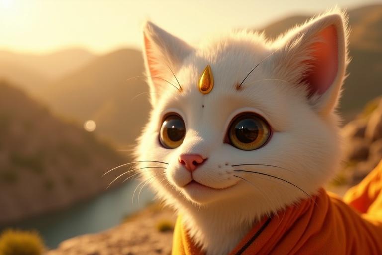 A close-up shot of Kittuu on a cliff. Majestic white fur shines under sunlight. Kittuu has large brown eyes filled with emotion. An orange gi flutters in the gentle breeze. A golden mark is faintly visible on his forehead. The background showcases beautiful hills and a river, creating a serene atmosphere during sunset.