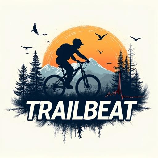Mountain biking design features a dynamic silhouette of a cyclist against rugged peaks Birds soar in the background An EKG heartbeat line integrates with the mountain theme Bold text says TRAILBEAT Graphic represents excitement of trail riding Captures the spirit of mountain biking
