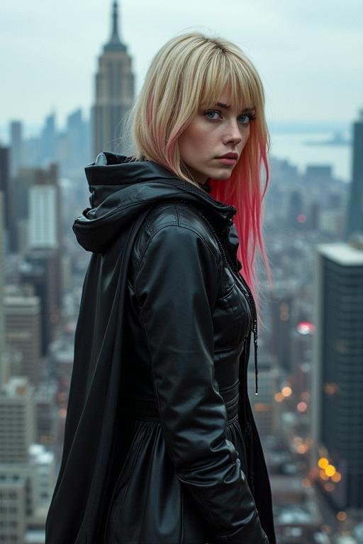 Attractive young woman with long blonde hair with pink tips wearing a black latex outfit. She stands on a rooftop overlooking a city full of skyscrapers. She is posing confidently while holding a pistol. The scene captures a modern urban ambiance.