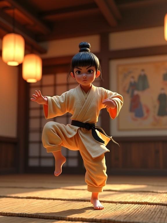 3D animated character practicing kung fu in a traditional Japanese dojo. Animated sushi character performs a high kick. Evening setting with bamboo mats and illuminated by warm paper lanterns. Japanese paintings and arranged kimonos in the background. Calm atmosphere indicating training place.