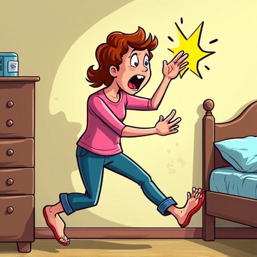 Cartoon-style illustration features a person hopping on one foot. The person displays an exaggerated pain expression holding an injured toe. Stars and impact lines are around the toe area. A corner of bedroom furniture is visible. The pose demonstrates a comedic overreaction. The colors are bright and cheerful. The art style resembles humorous comic book illustrations. This captures a relatable everyday accident moment.