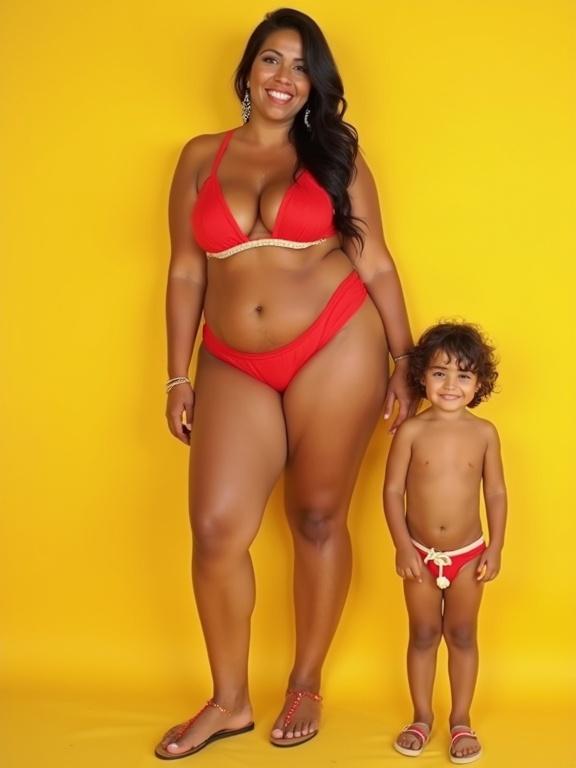 Full body photo of a mother and her child. Both are smiling. Mother wears a red bikini with a flirty pose. Child is in a matching red swimwear. Yellow background creates a vibrant scene. Image has lo-fi quality with some pixelation and blurriness reminiscent of early 2000s photographs.