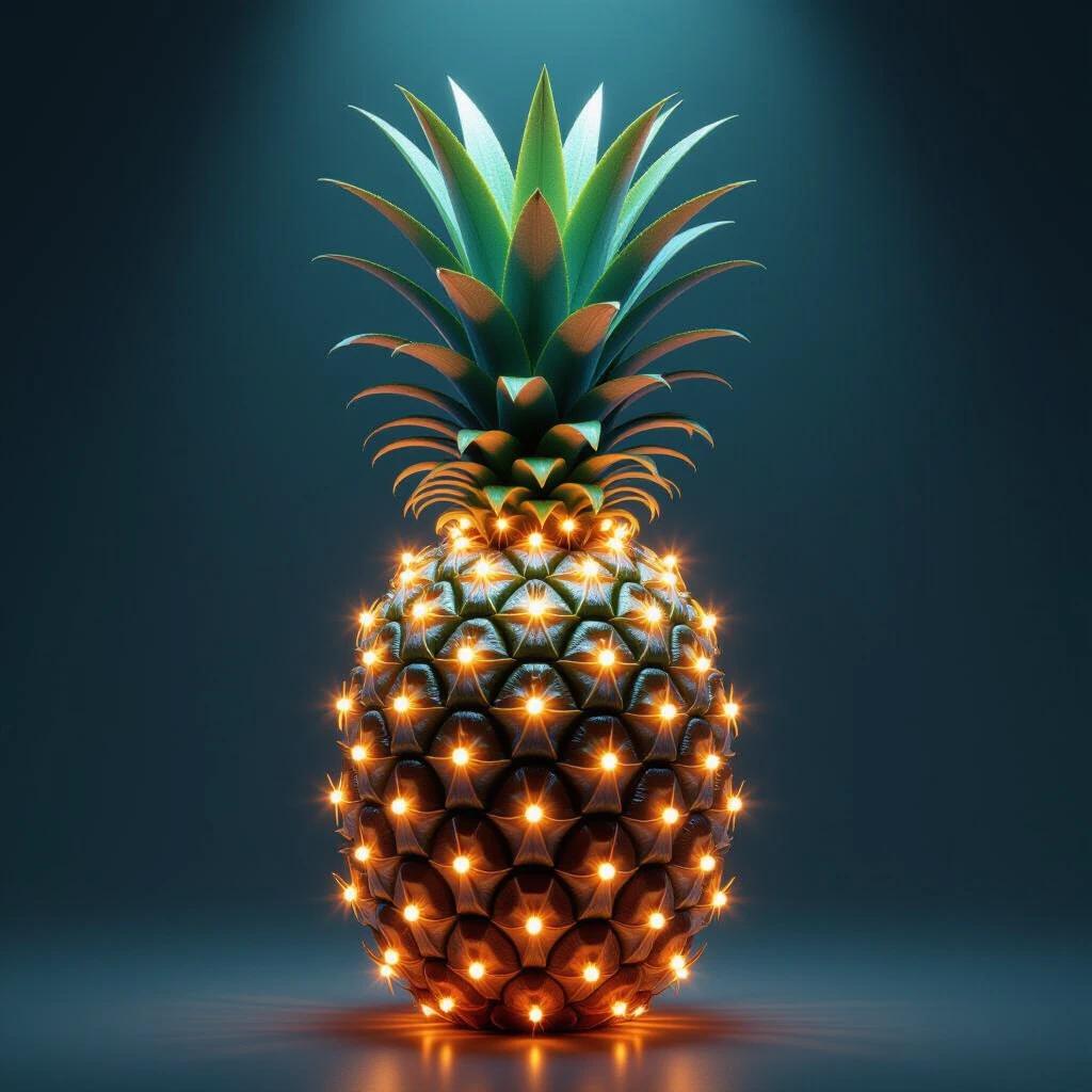 Pineapple illuminated with lights. Bright and colorful design. Tropical fruit represented in a creative way. The setting includes soft lighting with a dramatic background.