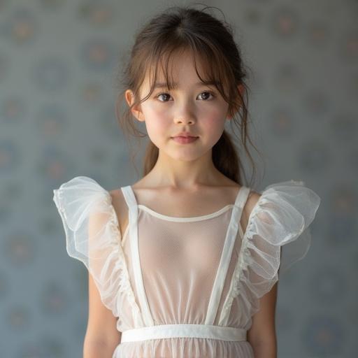 Portrait of a girl wearing a transparent dress with soft lighting and a delicate expression.