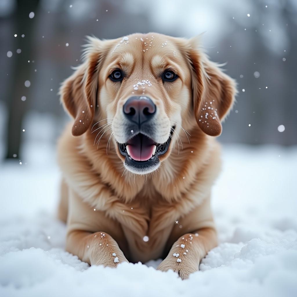 A dog lies on snow with a serene expression. Snowflakes fall around it, creating a winter atmosphere. The dog has fluffy fur and is positioned comfortably in the cold.