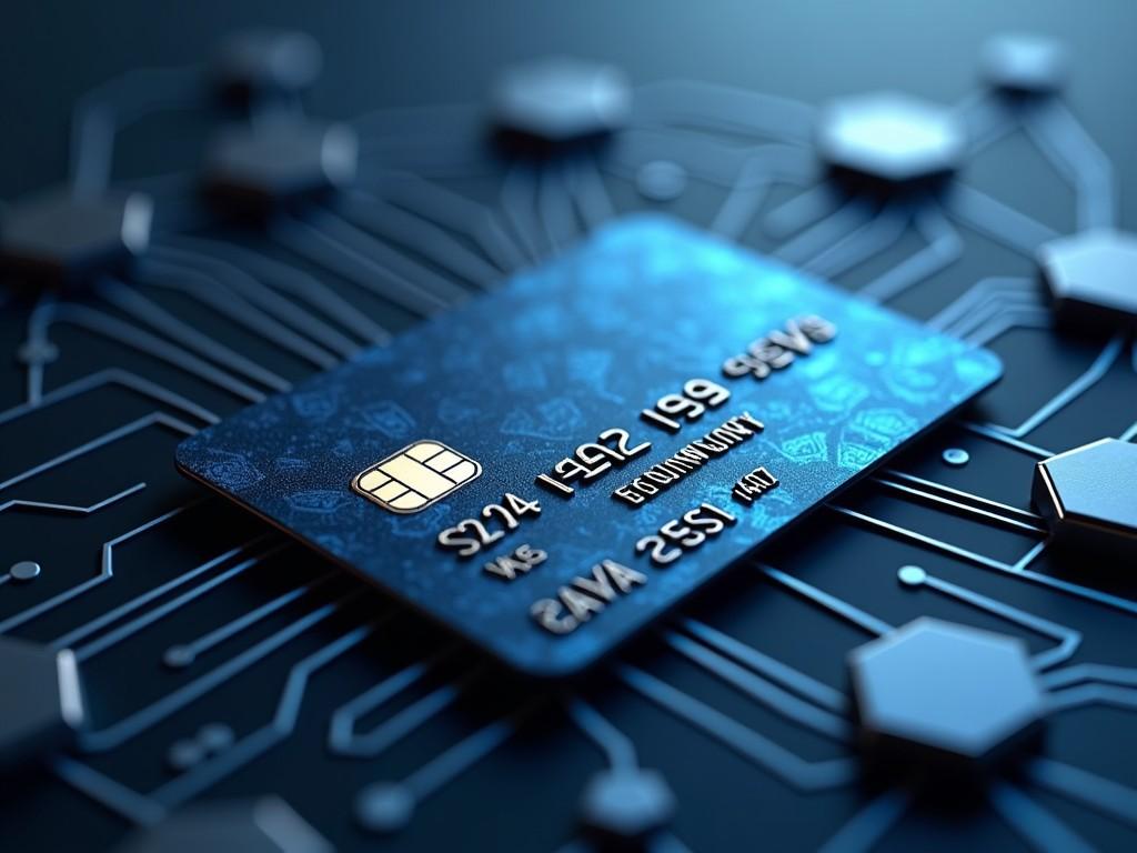 The image depicts a conceptual design of a credit card with a microchip integrated into a tech-themed layout. The card has a central position with circuit-like lines extending outward to various abstract hexagonal nodes. The central design combines elements of digital circuitry with the traditional appearance of a credit card, showcasing the card's chip prominently. The background is minimalistic, with a focus on the connectivity theme. The design implies a fusion of financial technology and advanced digital networking.