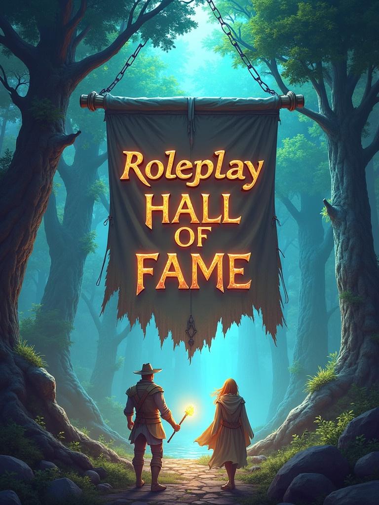 A fantasy banner with the words Roleplay Hall Of Fame. Scene seems mystical and otherworldly with elements of magic and adventure. Illustration captures exploration and alliance in a fantasy setting.