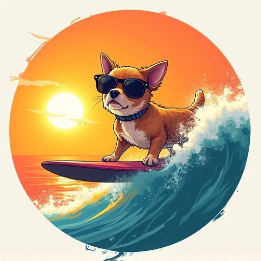 Cute cartoon dog riding a surfboard in a circular retro sunset background. Dog wears sunglasses and is on a wave. Bright and colorful scene.