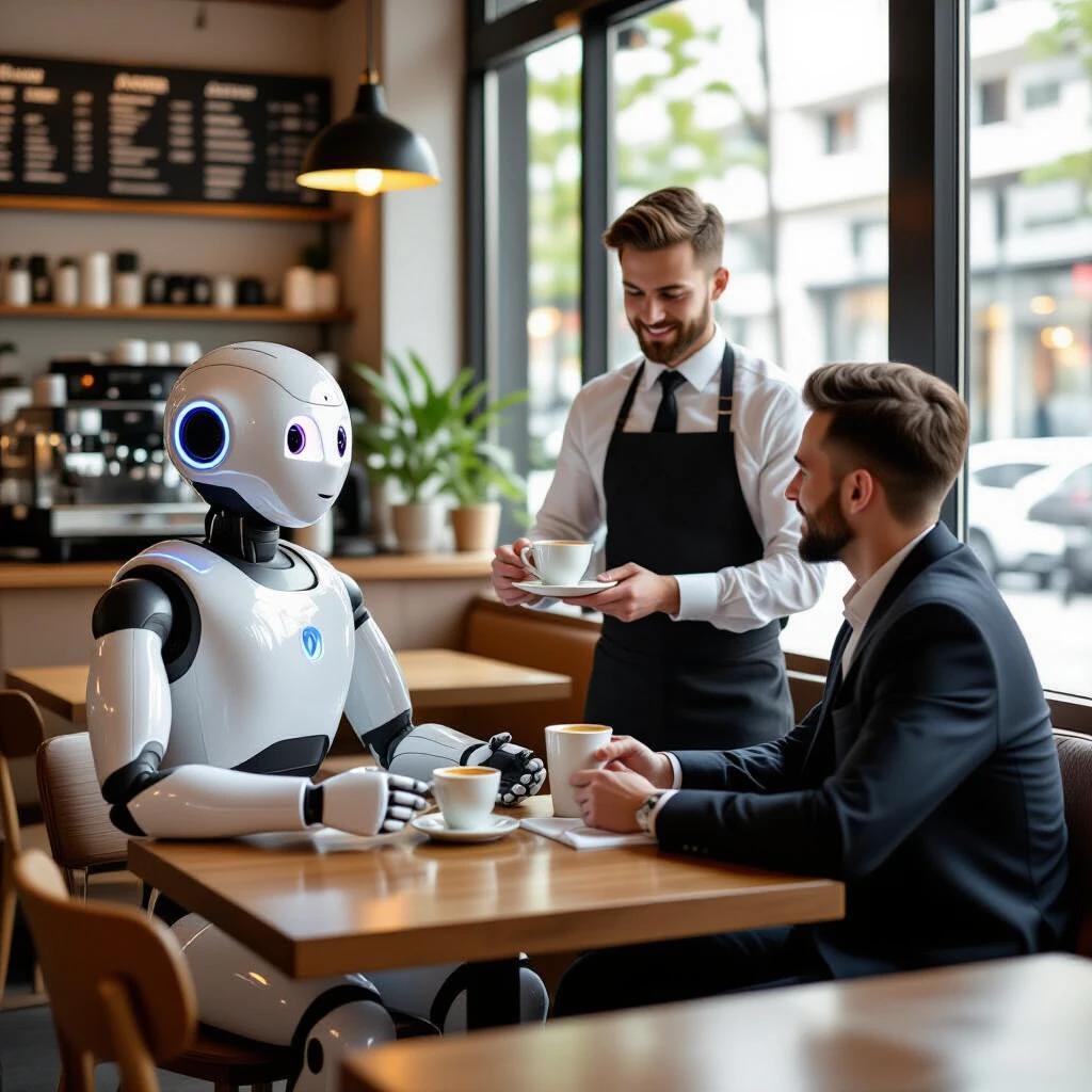 A cafe scene with an AI robot seated at a table. A waiter is serving coffee to the robot. The setting has modern decor and large windows. The atmosphere is casual and friendly.