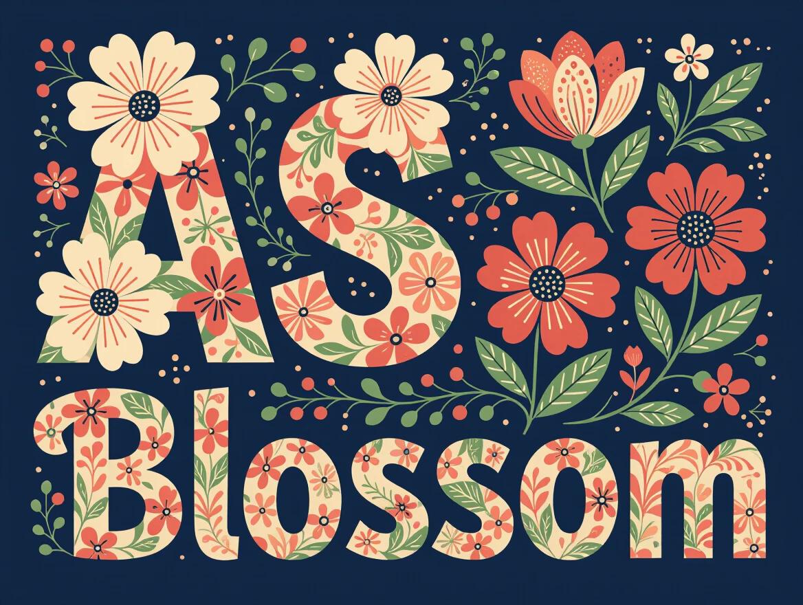 Text AS BLOSSOM with decorative floral elements on the letter O. Background is dark blue. Contains colorful flowers and foliage. Engaging modern style with a cheerful tone.