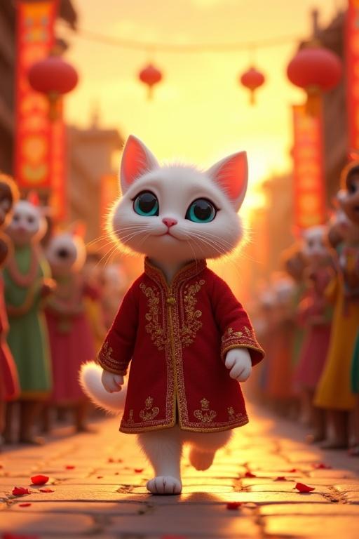 A heartwarming ultra-HD scene set in a vibrant village at sunset. Lee the white Chinese cat with blue eyes walks on two legs in a maroon kurta. Villagers as anthropomorphic animals in colorful Bengali attire cheer and toss flower petals. The village is decorated with banners and lanterns. A warm glow from the sunset lights up Lee's fur. The scene is joyful and triumphant.