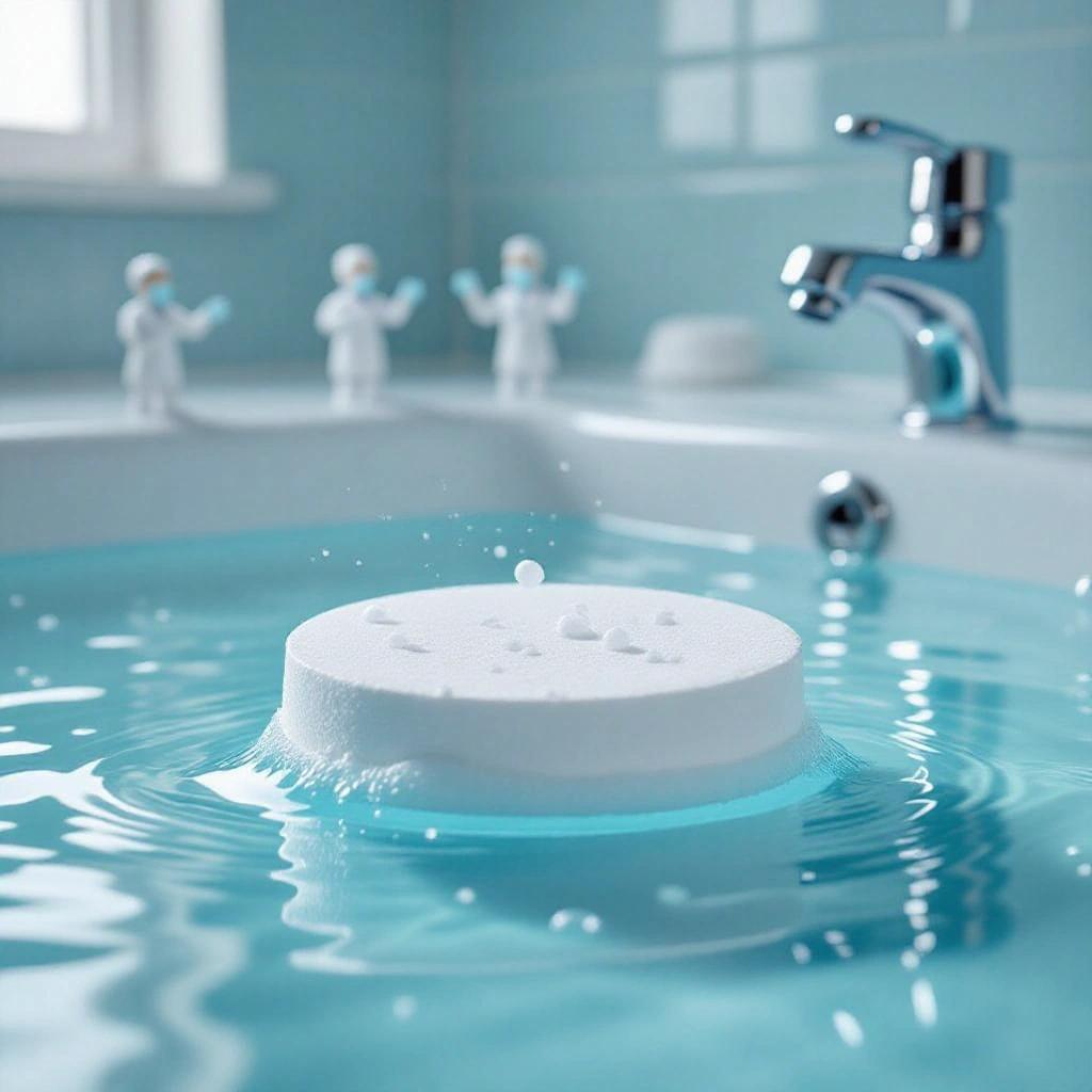 Close-up image features a fizzing denture cleaning tablet in water with two miniature dentists standing on top in a minimalist bathroom setting.