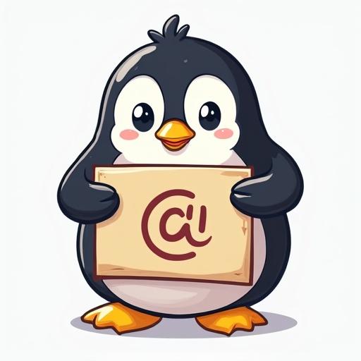 Penguin is holding a sign. The penguin looks cute and cheerful. It has a friendly expression.