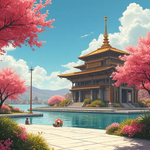 Anime scene featuring a semi futuristic Kanji Kingdom Royal Navy Base surrounded by pink cherry blossoms. A modern luxurious building is depicted in a summer morning setting. The style is vibrant and tech-inspired with elements of nature.