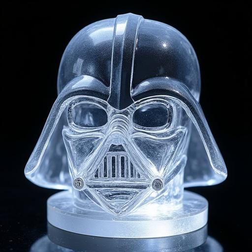 A detailed sculpture of a helmet resembling Darth Vader. The design features crystal-like qualities with intricate carvings. The helmet has a glowing effect and a mystical appearance. Light refracts through the translucent material. Combines elements of Star Wars and crystal art.