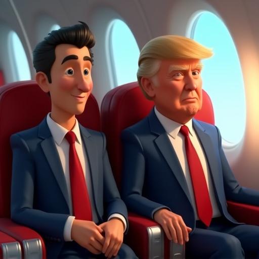 Two animated characters resembling political figures in an airplane. Bright colors, playful expressions. Cartoon style similar to Pixar animations.
