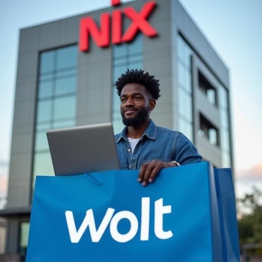 A young immigrant black person as a food delivery man holding a laptop. He is sitting in front of an office building on a blue bag with white text Wolt and a red sign NIX visible in the background.