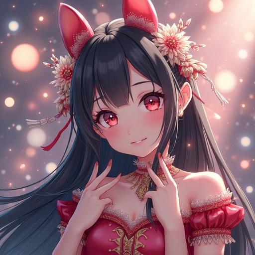 A female character with long dark hair and red accents wearing a cute outfit featuring floral decorations. The character has large expressive eyes and is posed playfully with a charming smile.