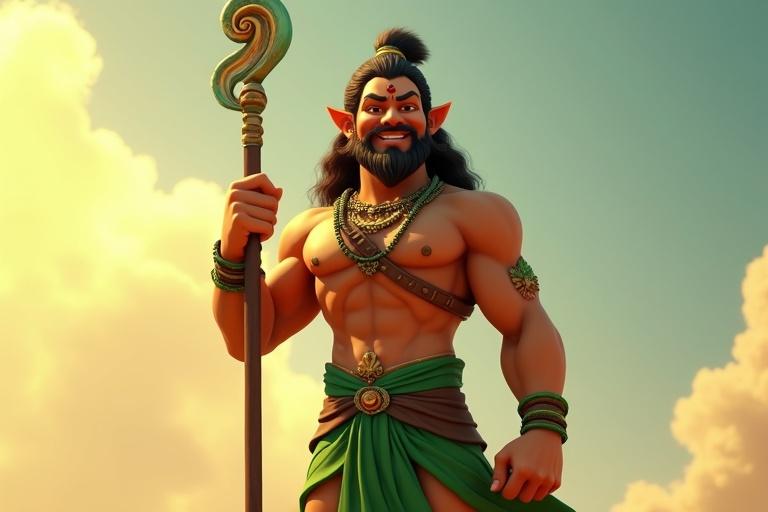 Heroic depiction of a cartoon character inspired by mythological themes. Character stands tall with charm and confidence. Wears a green warrior tunic and holds a staff. Displayed in 3D animated style with a dramatic sky in the background.