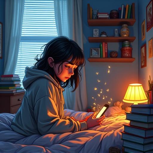 Wide view of a cluttered bedroom with a girl sitting on her bed. Late evening light is coming through the blinds. The girl is surrounded by books and snacks, looking at a glowing phone.