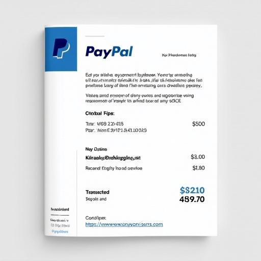 Document shows proof of payment receipt from PayPal. Payment directed to email address. Receipt has recognizable PayPal design detailing transaction. Layout emphasizes clarity with bold text and simplified background. Completed transaction amount outlined clearly.