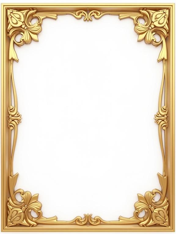 Golden 3D book border in art nouveau style. White background. Ornate design with floral motifs.