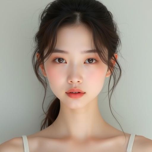8K portrait of a young woman with Western and Japanese facial features. Elegant symmetrical face with defined cheekbones. Soft almond-shaped eyes with a subtle epicanthic fold. Small delicate nose. Porcelain fair skin with warm undertones. Natural light brown hair loosely tied. Soft expression with a hint of shyness. Subtly full natural pink lips. Modest dress with low neckline and visible cleavage. Upper body focus. Simple clean background. Highly detailed and realistic.