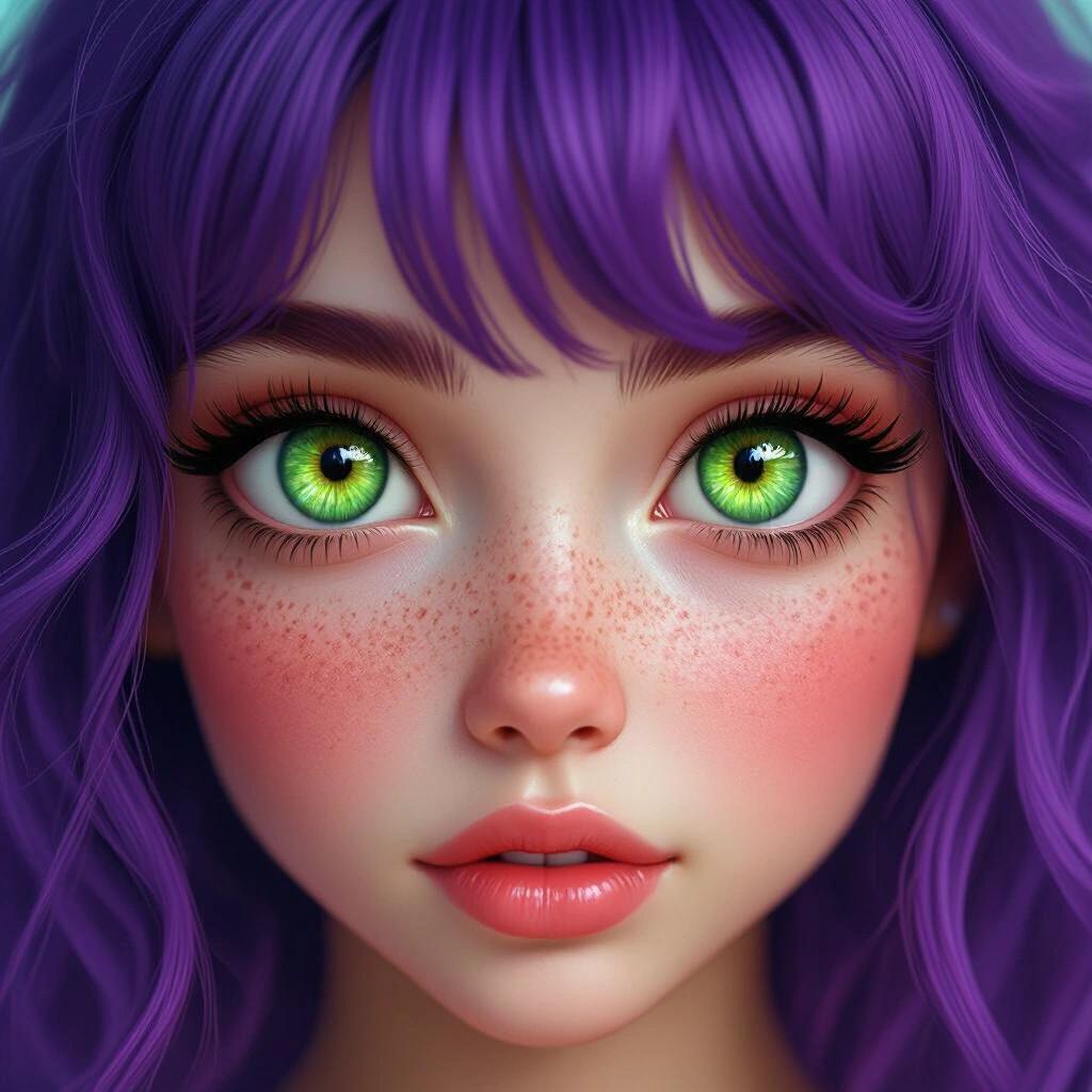 Close-up of a girl with big sparkling green eyes. Long flowing purple hair surrounds the face. She has freckles and a small nose. Her skin is bright red and ultra realistic.