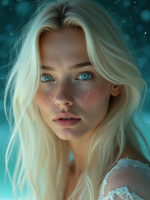 Ultra realistic cinematic close-up portrait of an ethereal young woman. She has long windswept platinum-blonde hair. Luminous aqua-green eyes look straight at the camera. Smooth alabaster skin is dusted with sparkling stardust freckles. Soft rim light outlines her hair. Gentle front light adds a warm blush to cheeks and lips. Background is teal-blue cosmic bokeh with floating particles. Shot with an 85 mm lens at f 1.2.