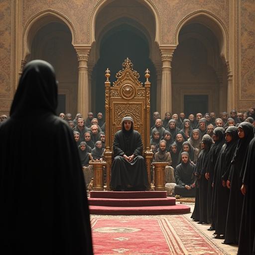 Cinematic hyper-realistic depiction of Yazid ibn Muawiyah's court in 61 AH. Captives face Yazid on a lavish Umayyad throne in a grand palace hall. Architecture includes high arches and ornate columns. Noblemen surround him wearing luxurious garments. Crowd of common people present. Women and children from Ahl al-Bayt seated in silence, some tied. Young man stands with dignity amidst captivity. Tall veiled woman confronts Yazid. Dramatic lighting enhances emotional impact.