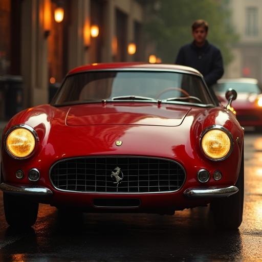 Hollywood level movie poster for a film featuring a vintage Ferrari car. A young gentleman stands beside the car. The image has cinematic lighting and a stylish urban background.