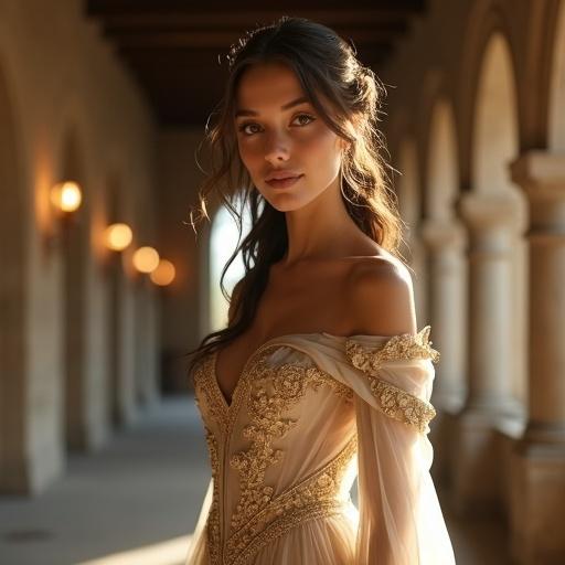 Elegant medieval fashion portrait of a young woman in an ethereal gown with soft natural lighting. Gown features intricate gold embroidery and off-shoulder sleeves. Background includes ornate castle hallway with arched windows and candlelight. Dreamy atmosphere with a subtle glow and soft focus.