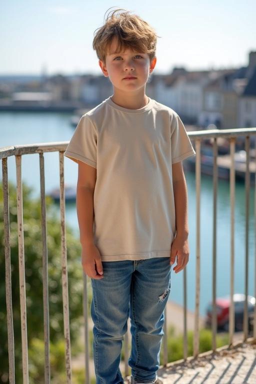 A young boy stands on a balcony wearing a natural-colored T-shirt and blue jeans. He has short light brown hair and looks amorous with a peaceful harbor in the background. The scene is bright and sunny in Normandy.