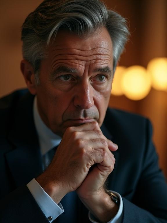 Close-up of a middle-aged executive in a dark business suit in a reflective moment. Hands pressed near chin. Warm, dramatic side lighting creates depth. Softly blurred background with ambient evening light. Intense look and contemplative gesture highlighted by intimate framing.