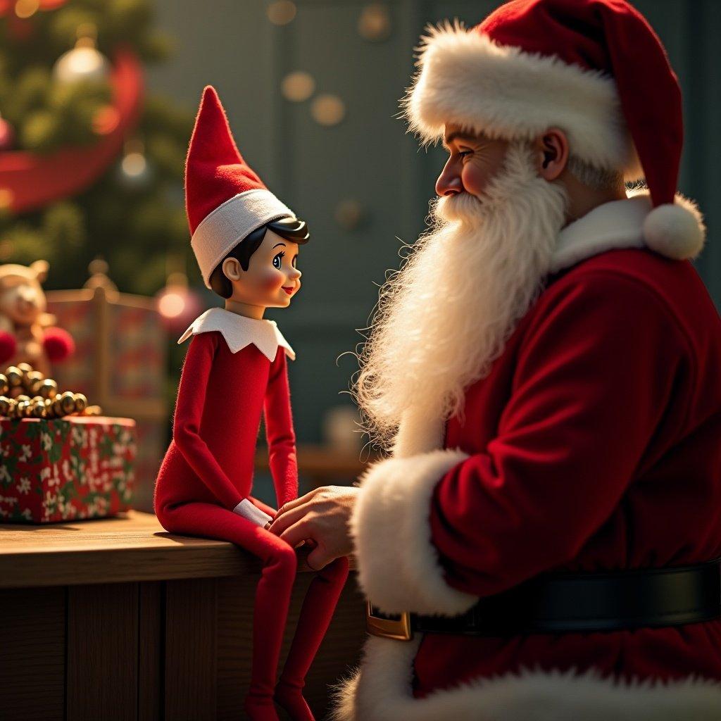 Ultra realistic image of an elf and Santa. Captures cozy holiday moments with realistic details.