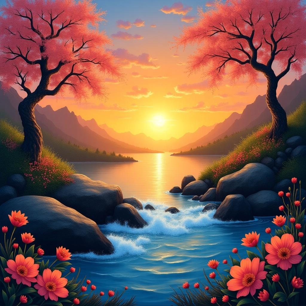 This stunning landscape depicts a serene sunset over a river, framed by two cherry blossom trees. The sky is painted in vibrant hues of orange and pink, while the sun sets behind the mountains. The river reflects the warm colors, surrounded by lush green hills. Colorful flowers bloom in the foreground, adding to the natural beauty of the scene. This artwork captures emotions of tranquility and wonder in nature's beauty.