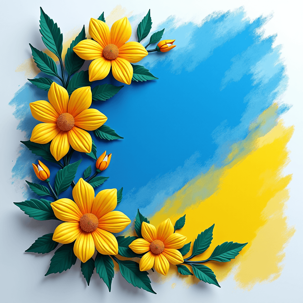 Bright yellow flowers with green leaves arranged against a blue and yellow painted background.