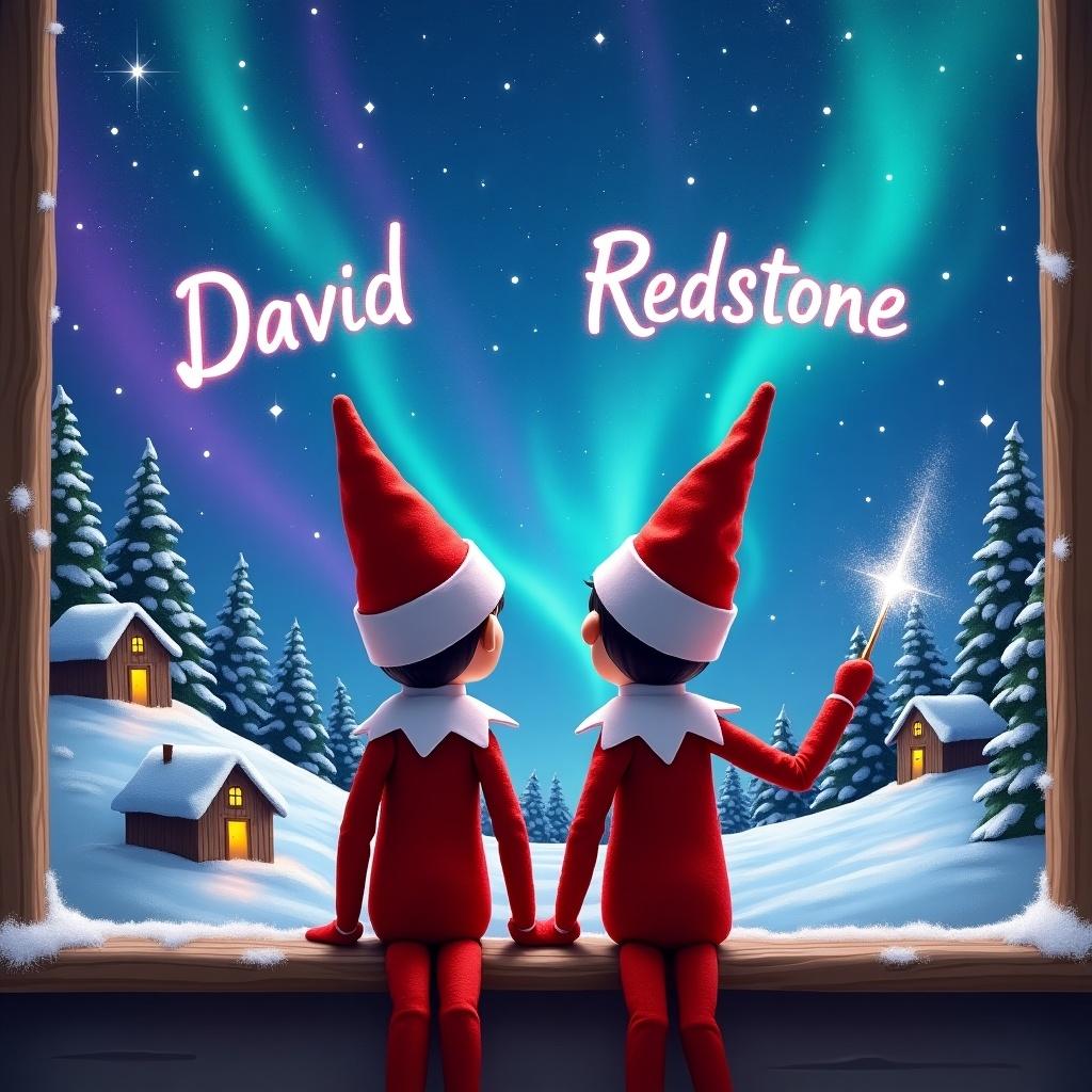 Two boy elves on a wooden ledge look at magical sky. Dressed in red outfits with pointed hats. They hold sparkling wands and write the name 'David' and 'Redstone' in the starry sky. The scene includes a snowy landscape with charming houses and evergreen trees under vibrant Northern Lights. This image captures Christmas cheer and childhood magic.